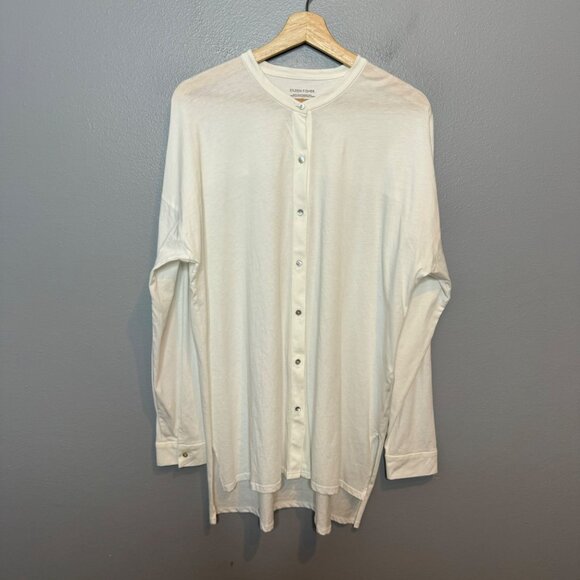EILEEN FISHER mandarin collar jersey top in white size L - Picture 2 of 8